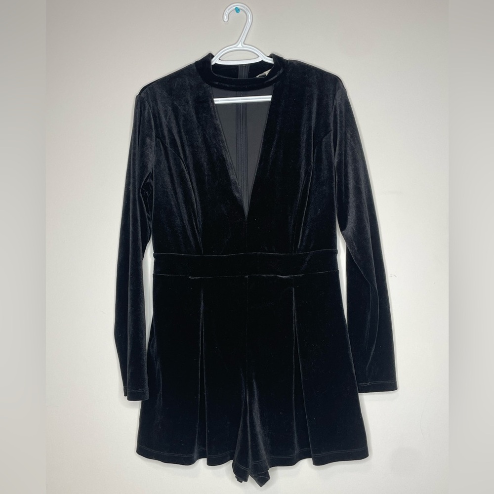 GB Long Sleeve Black Velvet Deep V Romper